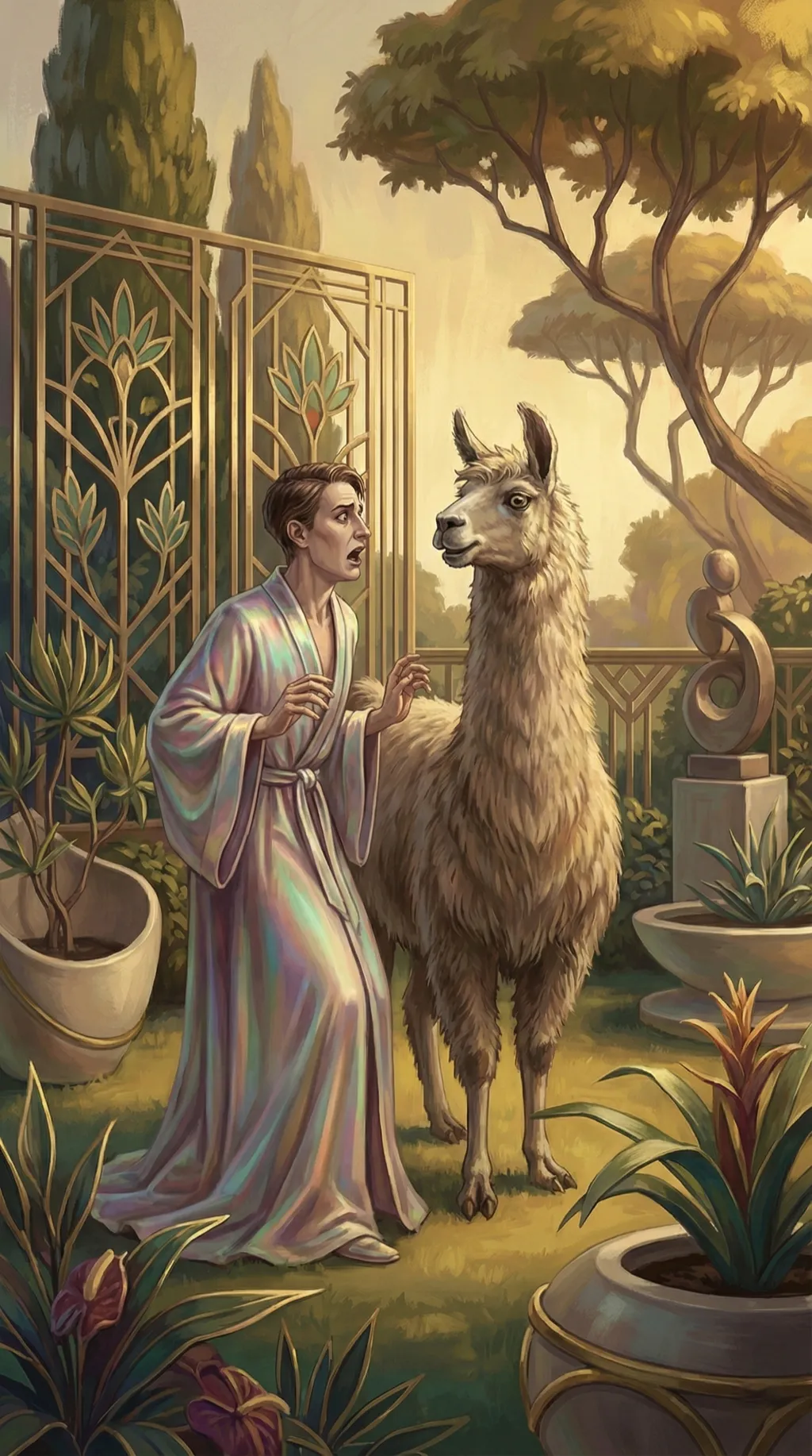 Aurora, startled, encountering a llama in the garden