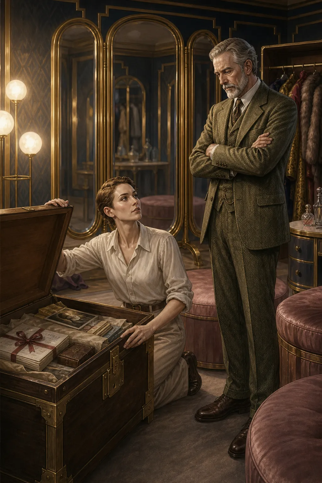 An Art Deco interior in navy and gold: Aurora's dressing room, with a gold-framed triptych mirror behind and the good light falling from a row of globe lamps on the left. In the foreground, its lid propped open, sits a large cedar hope chest with brass corners and a heavy brass latch. Inside, layered in tissue: bundles of letters tied with ribbon, photographs, and a small wooden box. Aurora, an androgynous sculptor with short cropped hair, kneels beside it in shirtsleeves with one hand resting on the open lid, looking up. Prospero stands over them in a green tweed suit, arms folded, frowning down. Pink velvet ottomans and a rack of costumes fill the room behind them.