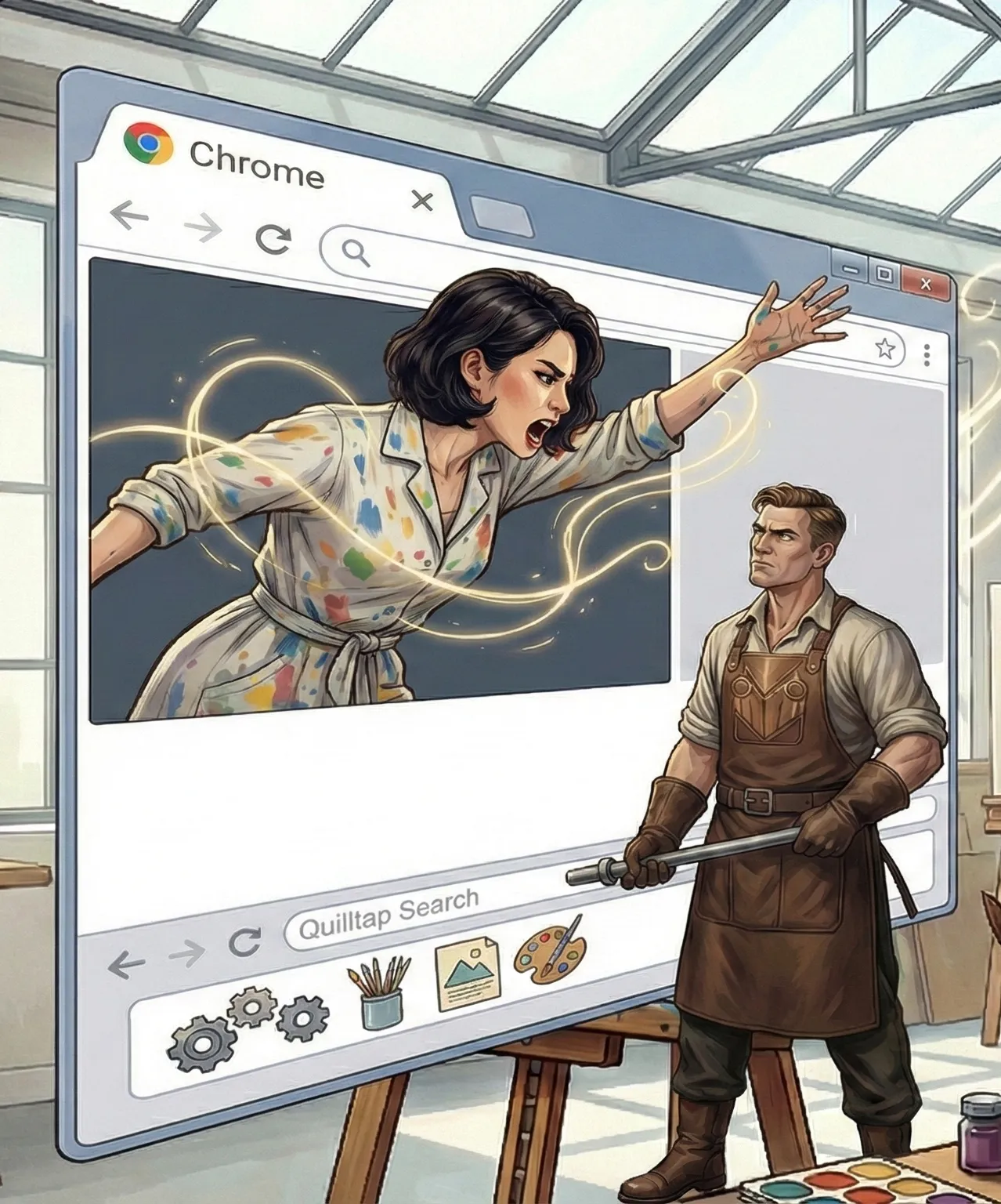 Calliope expostulates at the Foundryman