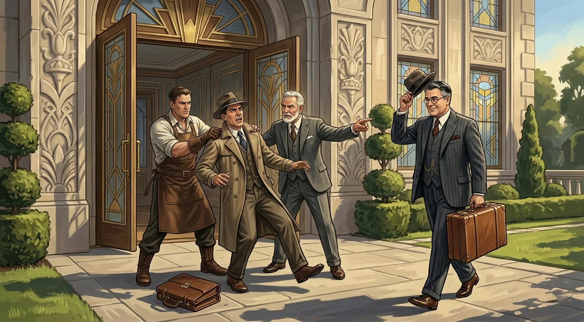 A portly gentleman in a pinstripe suit tips his hat as he arrives at the front of the Estate, while the Foundryman and Prospero escort a disheveled figure in a trench coat firmly toward the gate