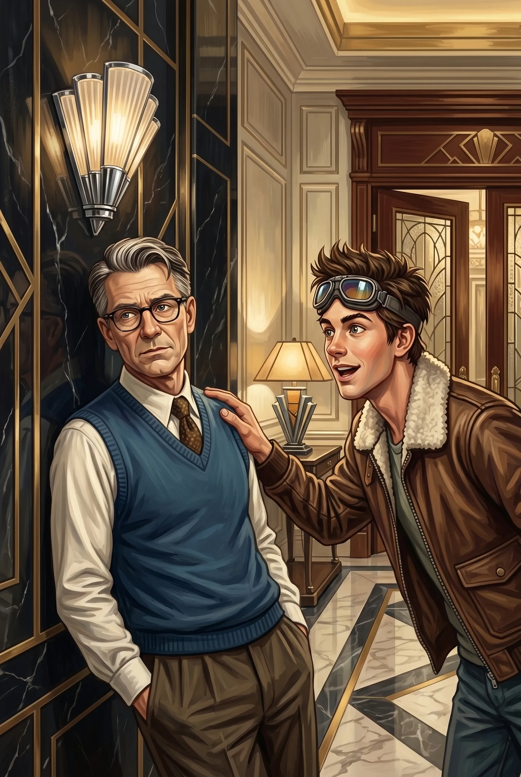 An older bespectacled man in a blue knit vest, shirt, and tie leans wearily against a black Art Deco marble wall while a younger man in a shearling-collared aviator jacket, goggles pushed up on his forehead, leans in eagerly mid-sentence with a hand on his shoulder, in an opulent gold-and-navy hallway.