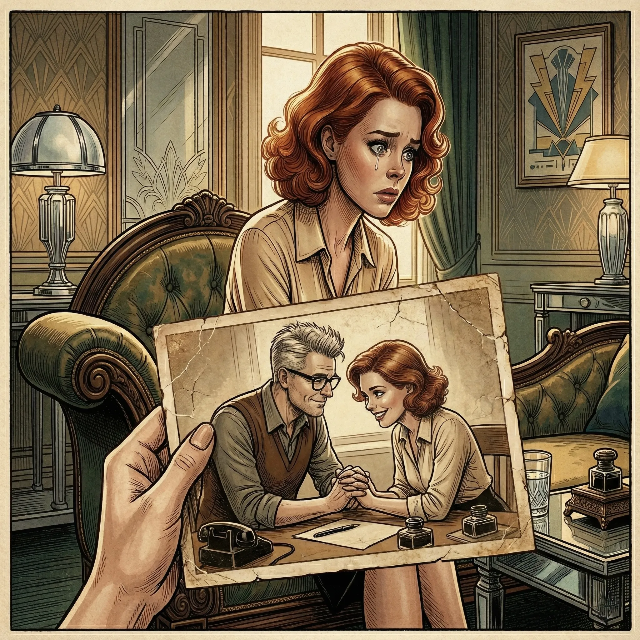 The Proprietor and Friday sitting across the desk, quietly holding hands and smiling at each other