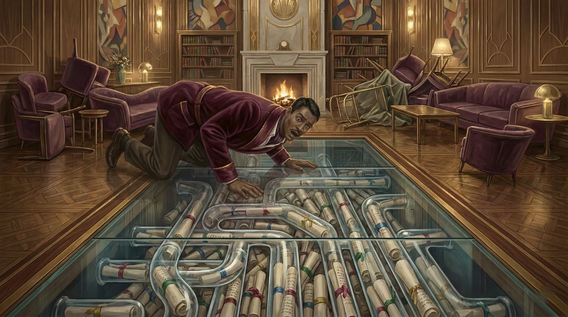 The Host stares in horror at a great glass panel set into the floor of the Salon