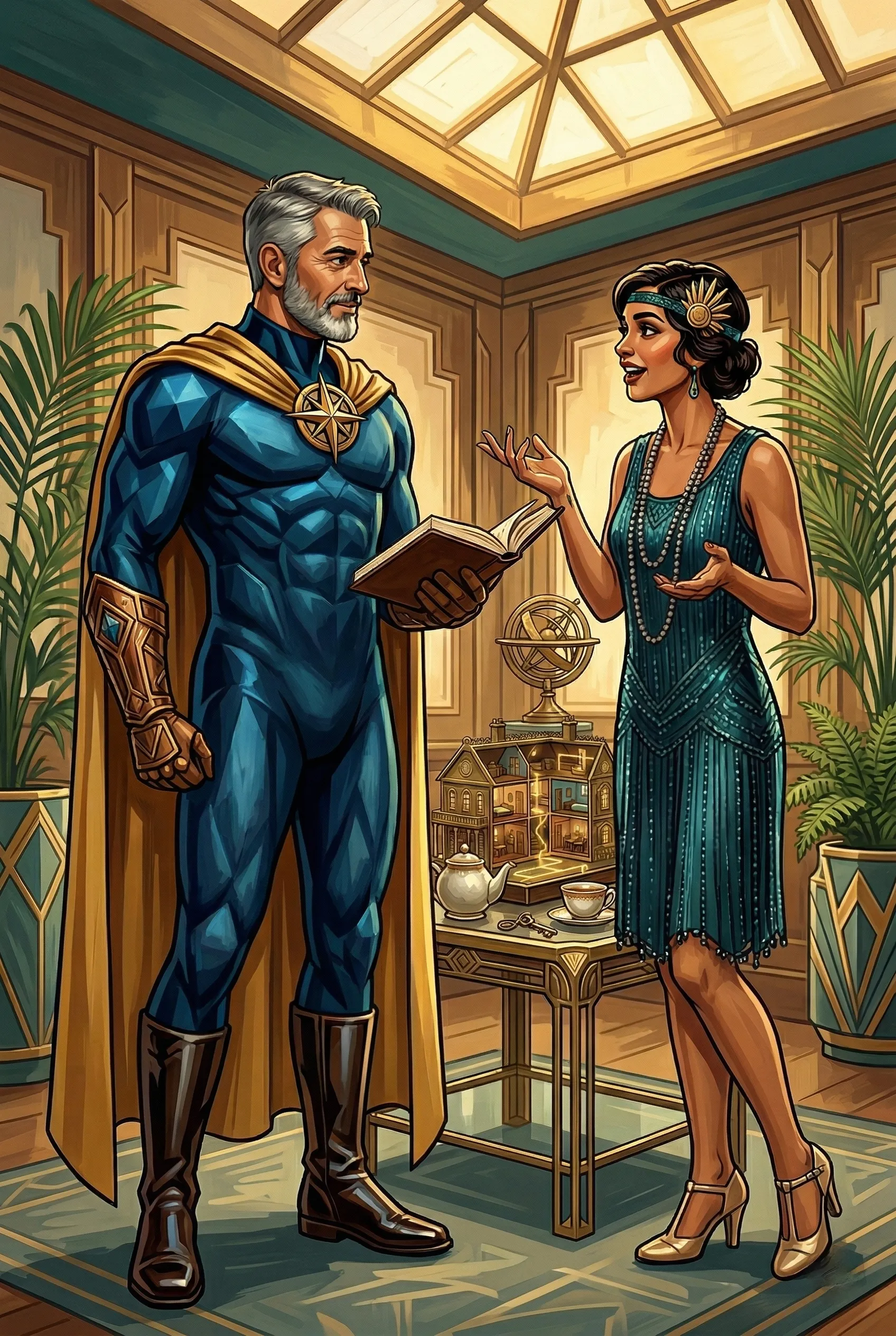 Lorian as superhero and Riya as Roaring 20s flapper