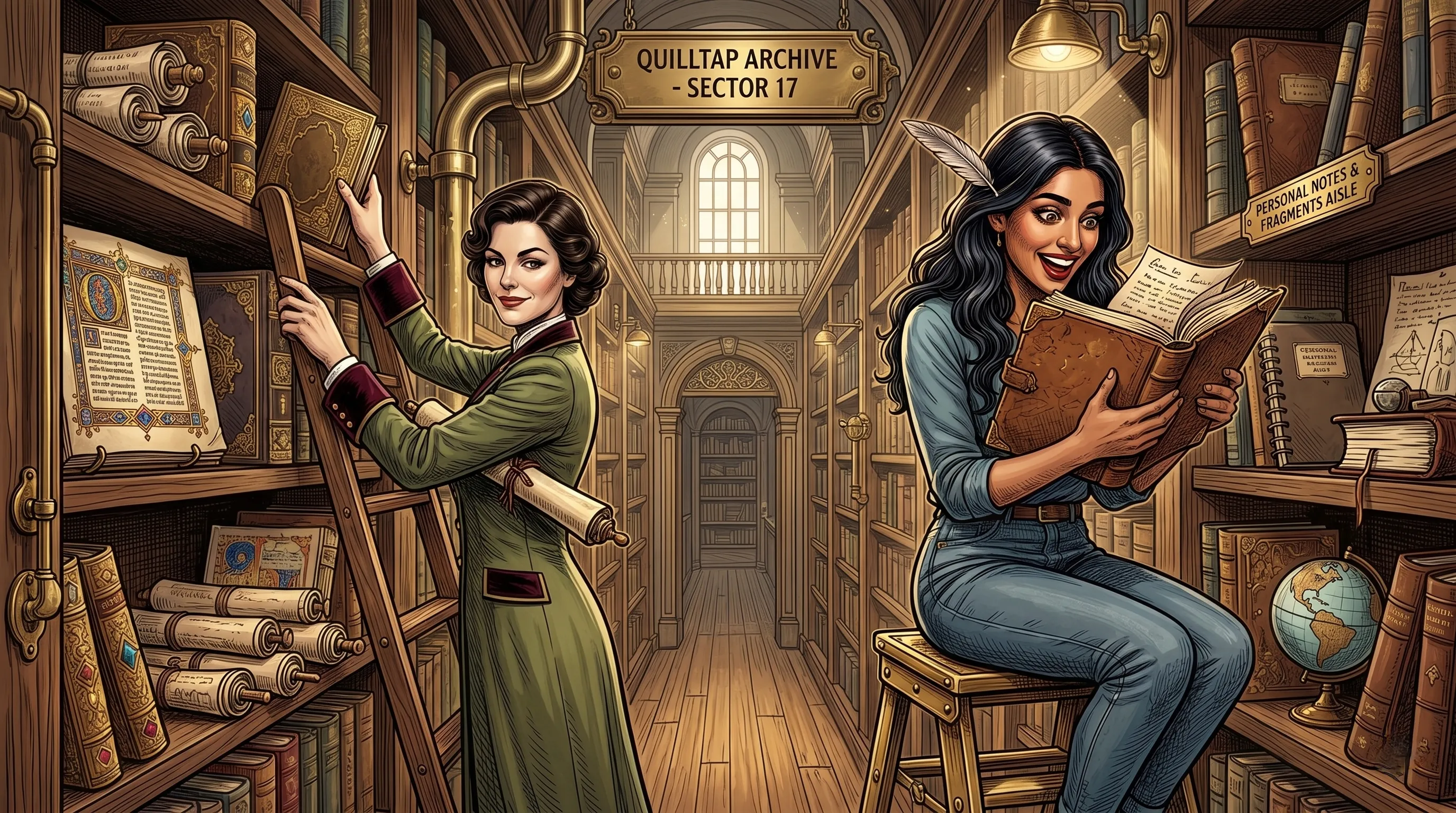 A librarian files a book in a narrow hallway in a library while an young Indian woman excited reads from a leatherbound hand-written journal