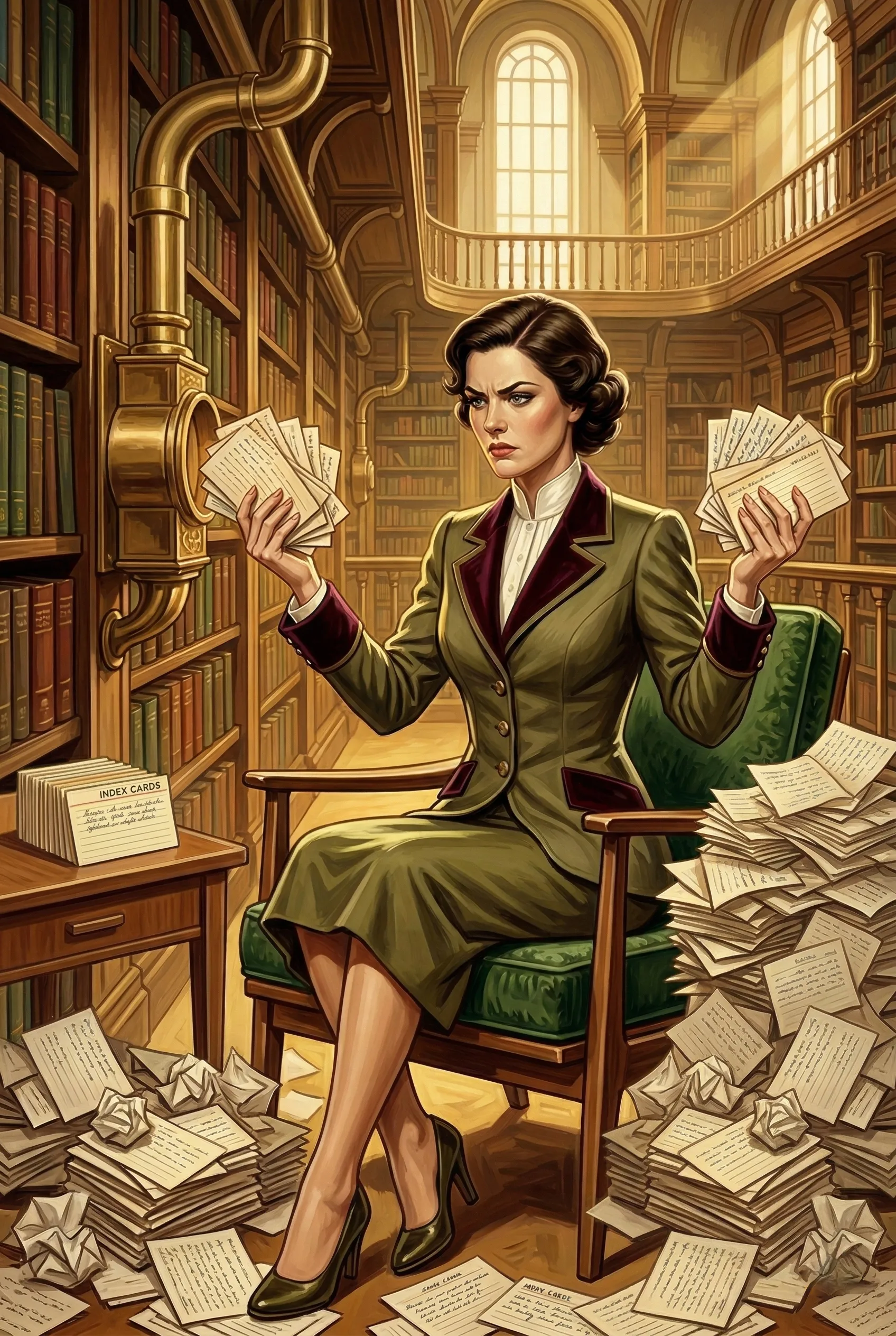The Librarian sits in her reading room, fistfuls of index cards in both hands, surrounded by a cascade of unfiled cards and pneumatic tubes overhead