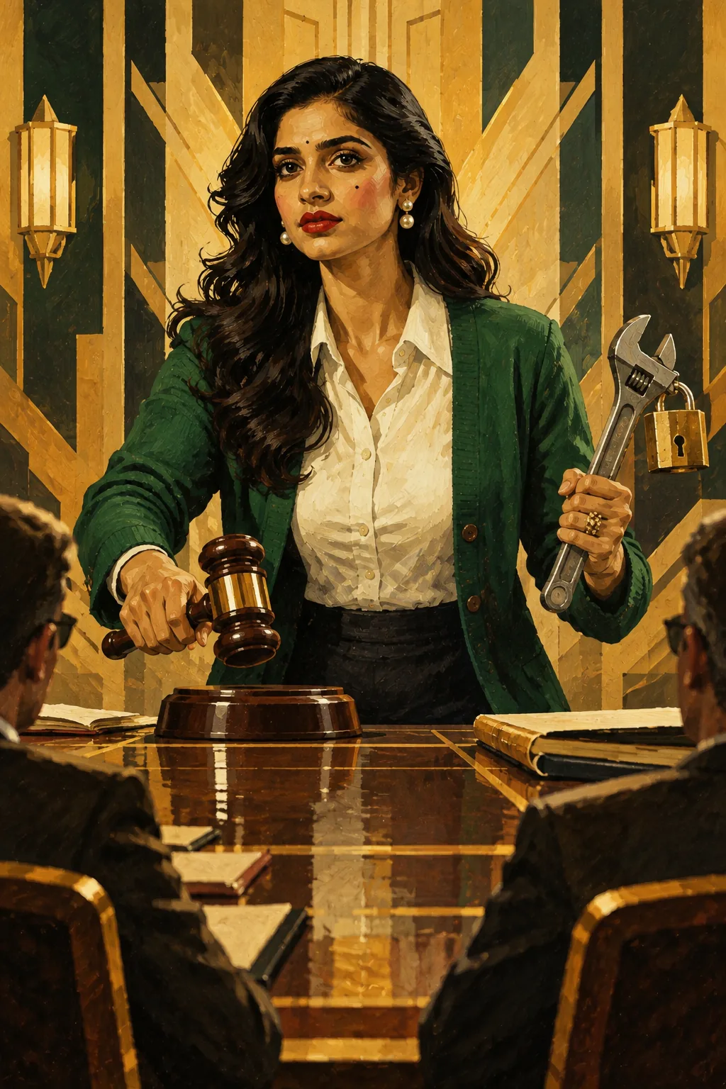 An Art Deco illustration of a dark-haired woman in a green cardigan striking a gavel against its sound block while holding a padlocked wrench aloft in her other hand, flanked by gold sunburst paneling, as two seated men with open notebooks look on from either side of a polished table.