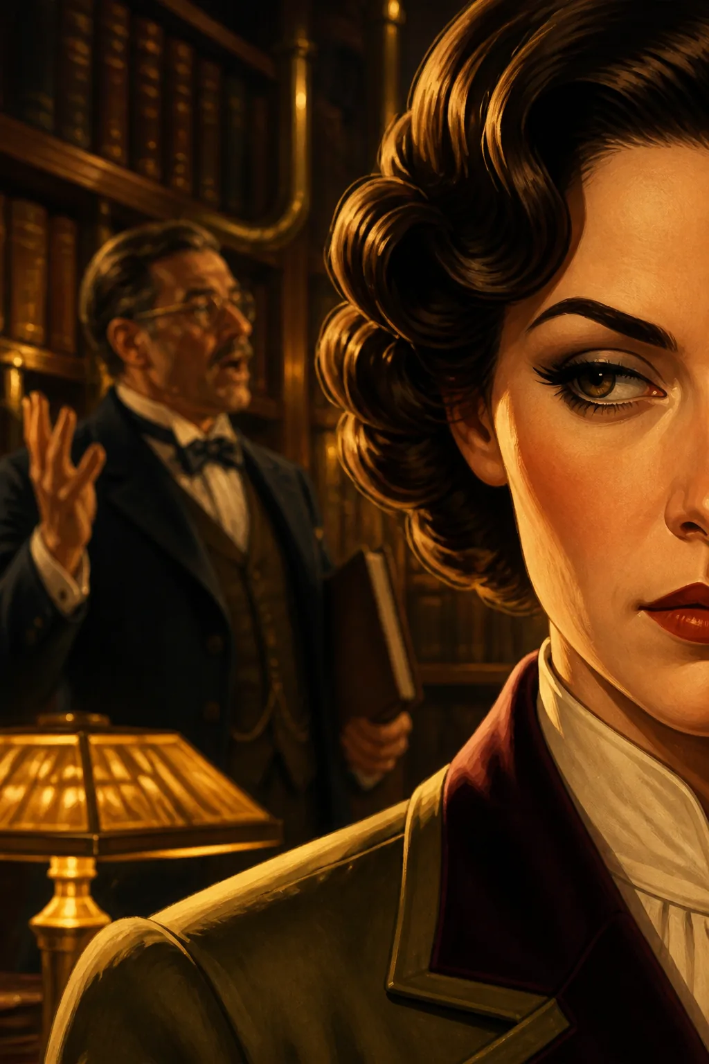 A tight vertical portrait, cropped to show only the right half of the Librarian's face in close-up: one dark hazel eye, deep-set and utterly still, lit gold from a low lamp; a high cheekbone; the meticulous 1930s wave of dark hair; the corner of a mouth set in the flat, dangerous calm that precedes correction. Her expression is not shouting anger but glacial, smoldering disapproval — the anger that cools a room rather than heating it. Behind her, thrown soft and out of focus, a florid gentleman in scholarly dress stands mid-gesture in the warm gloom of the Salon's east gallery, one hand raised, mouth open, plainly holding forth at length and at volume to a room that did not ask. Warm Art Deco lamplight, navy and gold, deep shadow, the faint gleam of brass shelving behind them.