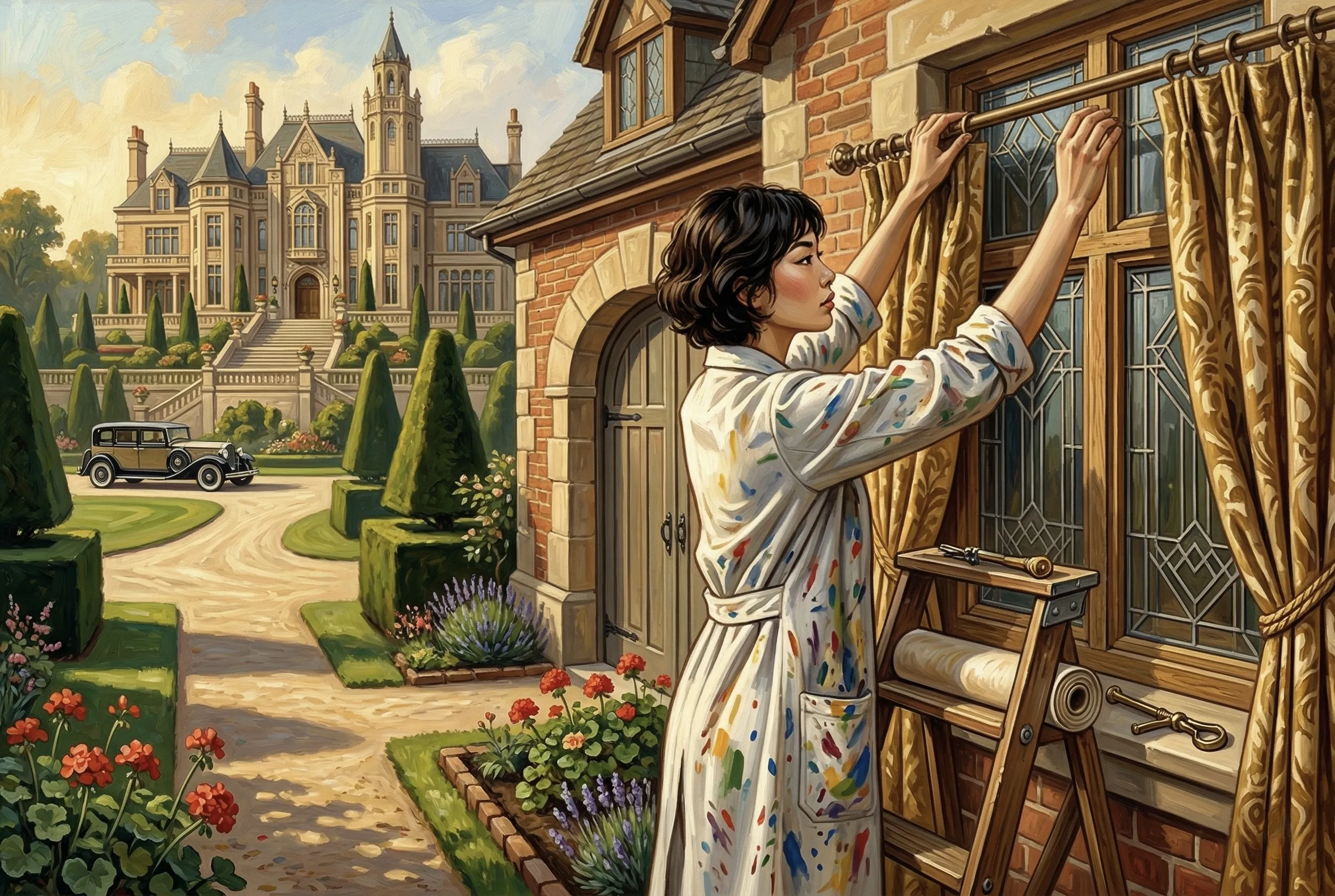A Korean female artist hangs curtains on the outside of the exterior windows of a carriage house on a large estate
