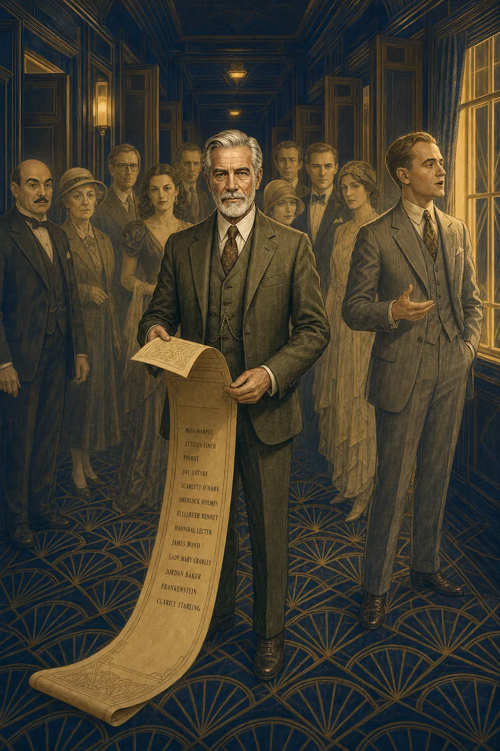 An Art Deco illustration in navy and gold: Prospero, a grey-bearded majordomo in a green tweed three-piece suit, stands in a long panelled corridor holding a guest list that has unrolled down to the floor at his feet. The visible names on it include Miss Marple, Atticus Finch, Poirot, Jay Gatsby, Scarlett O'Hara, Sherlock Holmes, Elizabeth Bennet, Hannibal Lecter, James Bond, Lady Mary Crawley, Jordan Baker, Frankenstein and Clarice Starling. Behind and around him, painted pale and sepia against the deep navy of the room, stand a dozen impeccably-dressed guests of various periods — patient, courteous, faintly expectant, all facing him. Nearest the window, in a light 1920s three-piece suit with his hair parted sharp, a young novelist stands half-turned toward the lamplight with one hand raised mid-sentence, rendered more solidly than the rest. The corridor recedes into deep shadow behind them.