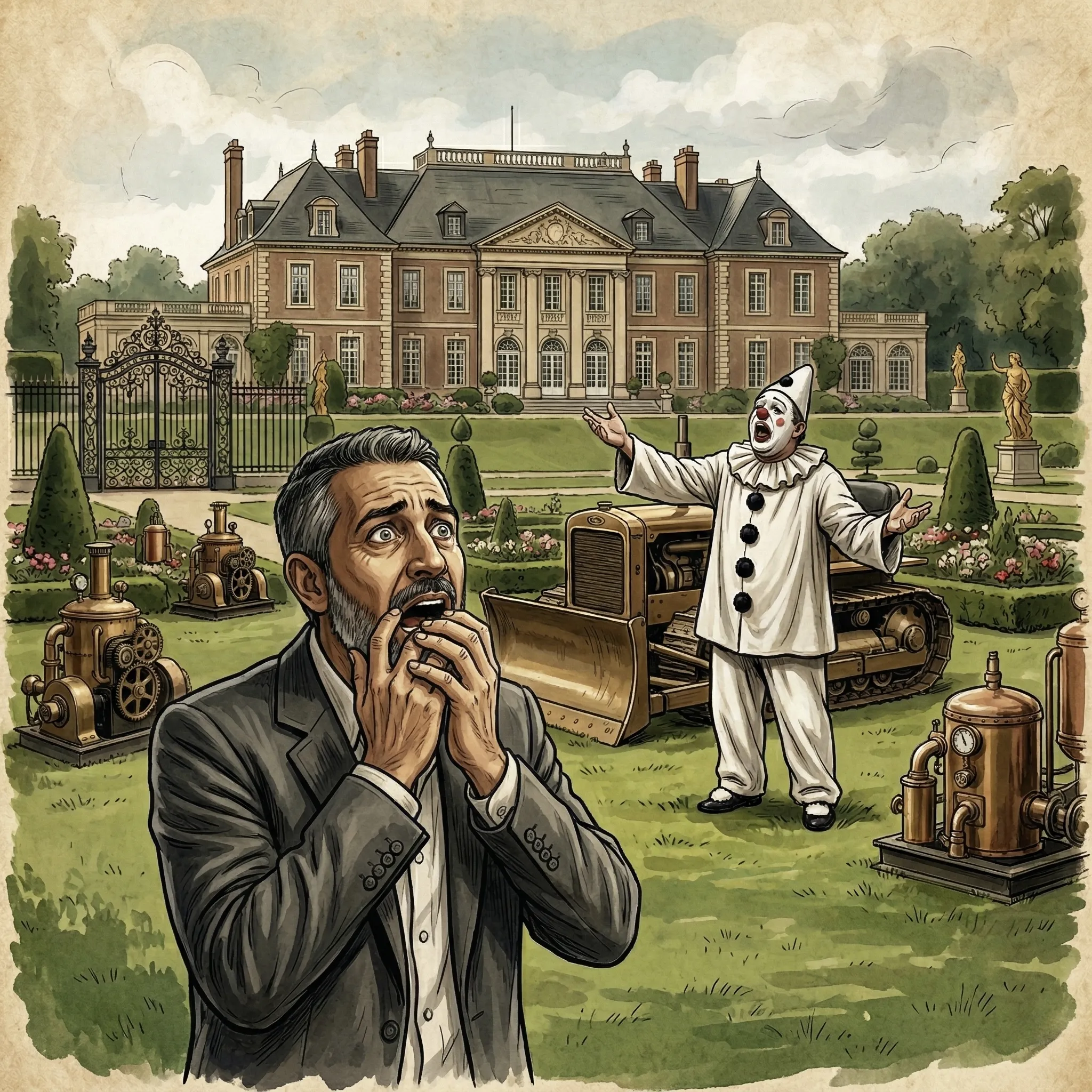 The clown directs bulldozers outside the Estate