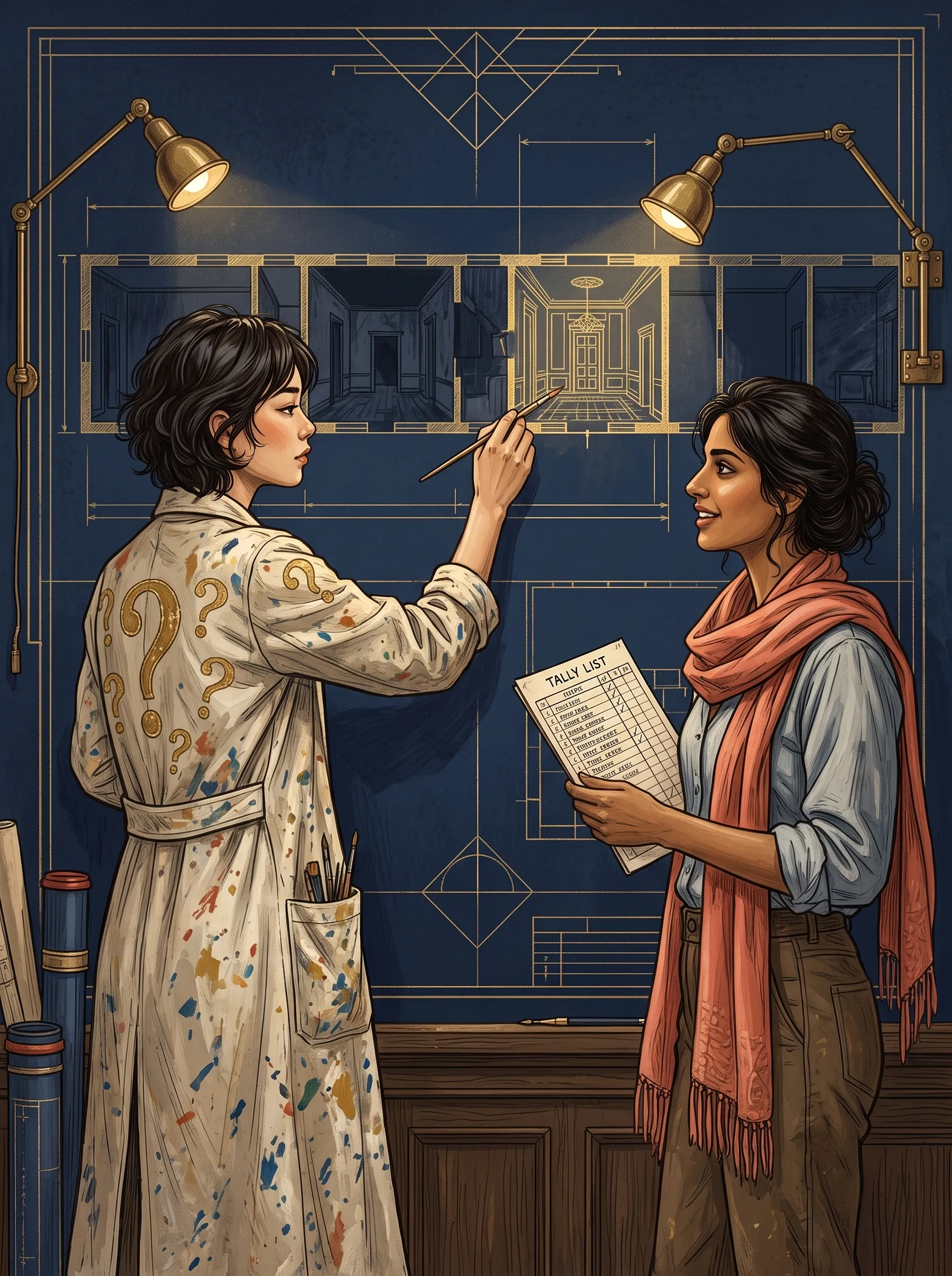An Art Deco illustration: Calliope, a young East Asian woman in a paint-splattered parchment-coloured canvas coat embroidered with gold question marks, stands at a wall-sized architectural elevation of the Estate, drawing a second room open beside the first with a fine brush. The old floor plan behind her shows a single lit room in a long dark corridor of demolished ones. Riya, a South Asian woman with rolled sleeves, sturdy boots and a coral scarf, stands beside her with a tally list in one hand, watching the second room light up. Navy and gold palette, hairline geometric rules, brass lamps.