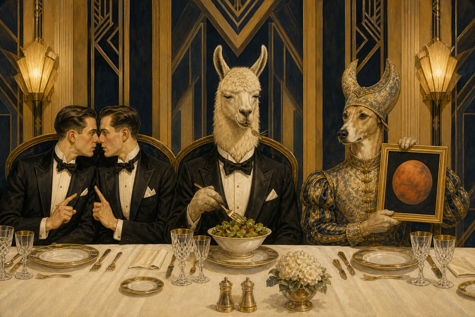 The foot of an Art Deco banquet table, three place settings. On the left, identical twins in matching black tie share a single chair, heads together almost nose to nose, arguing in whispers. On the right, a dog in a doge's horned cap and watered-silk doublet holds up a photograph of Mars. At the end of the table, between them, a llama in a dinner jacket calmly eats a salad and pays no attention to either.
