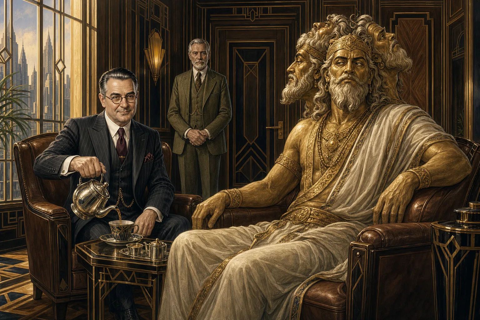 An Art Deco interview room: the Concierge, immaculate in a charcoal pinstripe suit, calmly pours tea across a low table from a large four-faced golden deity who sprawls lordly in the facing chair — only one of his faces attending the interview, the others gazing off — while Prospero, a bearded majordomo, watches from the door with a faintly appalled expression.