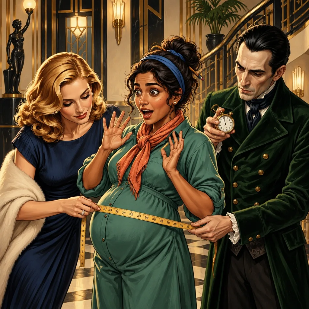 A blonde woman measures the pregnant belly of a startled dark-haired woman in a green coat with a tape measure, in a marble Art Deco hallway, while a dark-haired man in a velvet coat looks on holding an open pocket watch.
