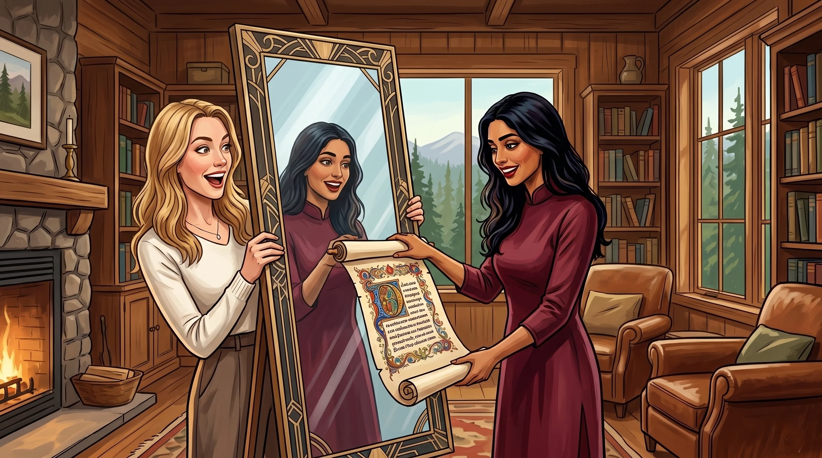A young blond woman holds up a mirror to a young Indian woman, who is amazed to have her reflection hand her an illuminated scroll