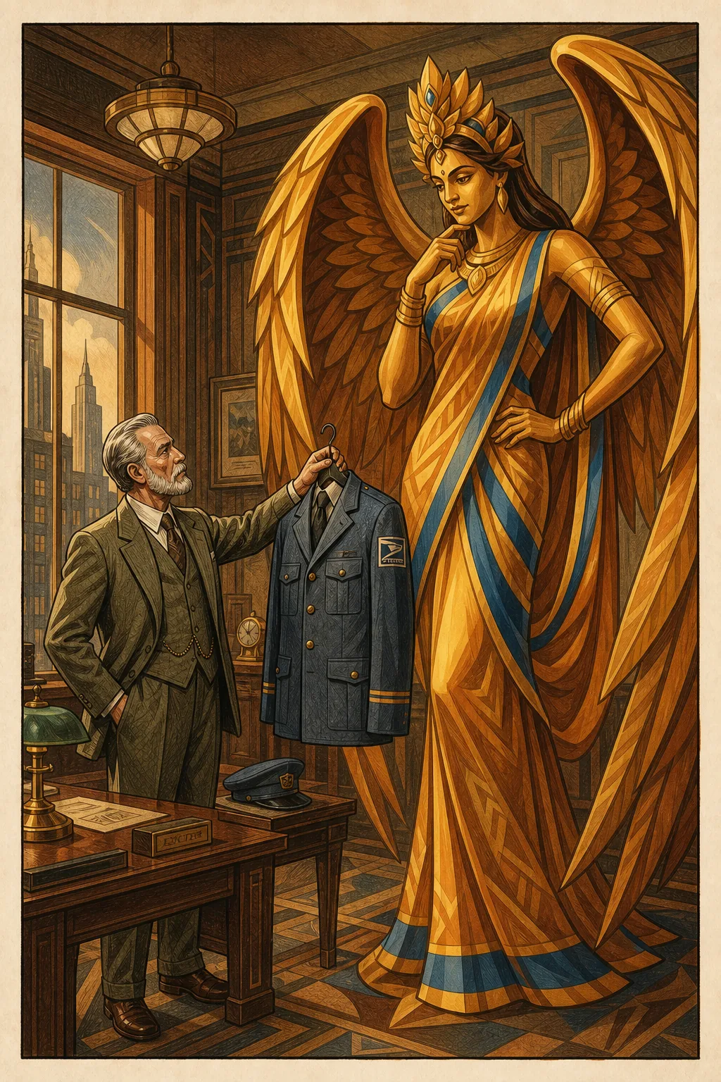 An Art Deco illustration of Prospero, a bearded majordomo in a green tweed suit, holding up a navy postal uniform jacket and cap toward Suparṇā — a towering golden-winged deity in a blue-and-gold sari and crown — in a wood-panelled office overlooking a city skyline.