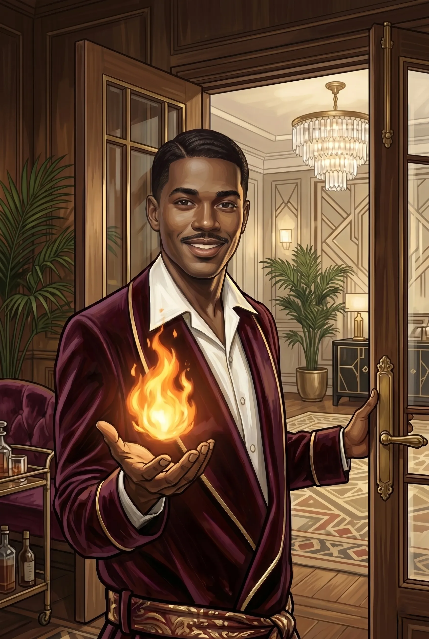 A smiling man in a maroon velvet smoking jacket stands in an open doorway, holding a small flame cupped in his bare hand; behind him an Art Deco salon with a chandelier, palms, and paneled walls is visible.