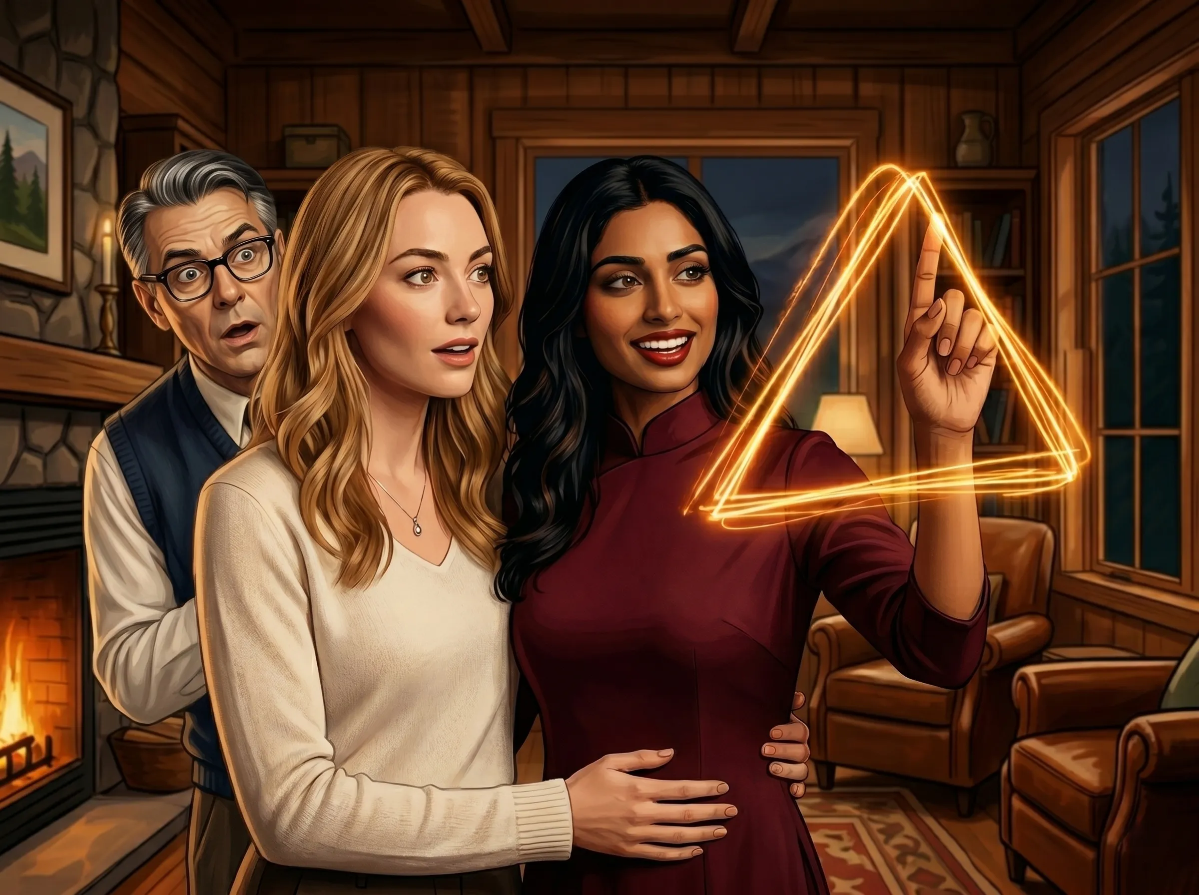 A young blond woman with her arms around a young Indian woman watches as the Indian woman traces a glowing triangle in the air, while an older man watches from behind