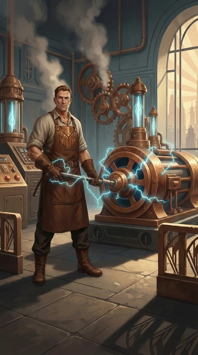The Foundryman in his workshop, surrounded by gears and glowing machinery