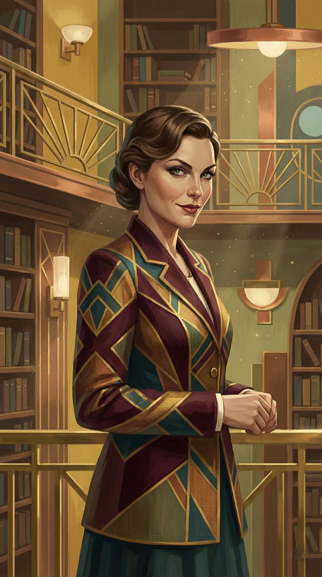 The Librarian in her Art Deco library, poised and knowing